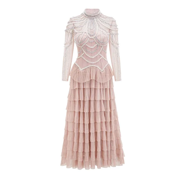 Elegant And Heavy Craft Long Sleeve Beaded Dress Pink - Shop at LoveMi