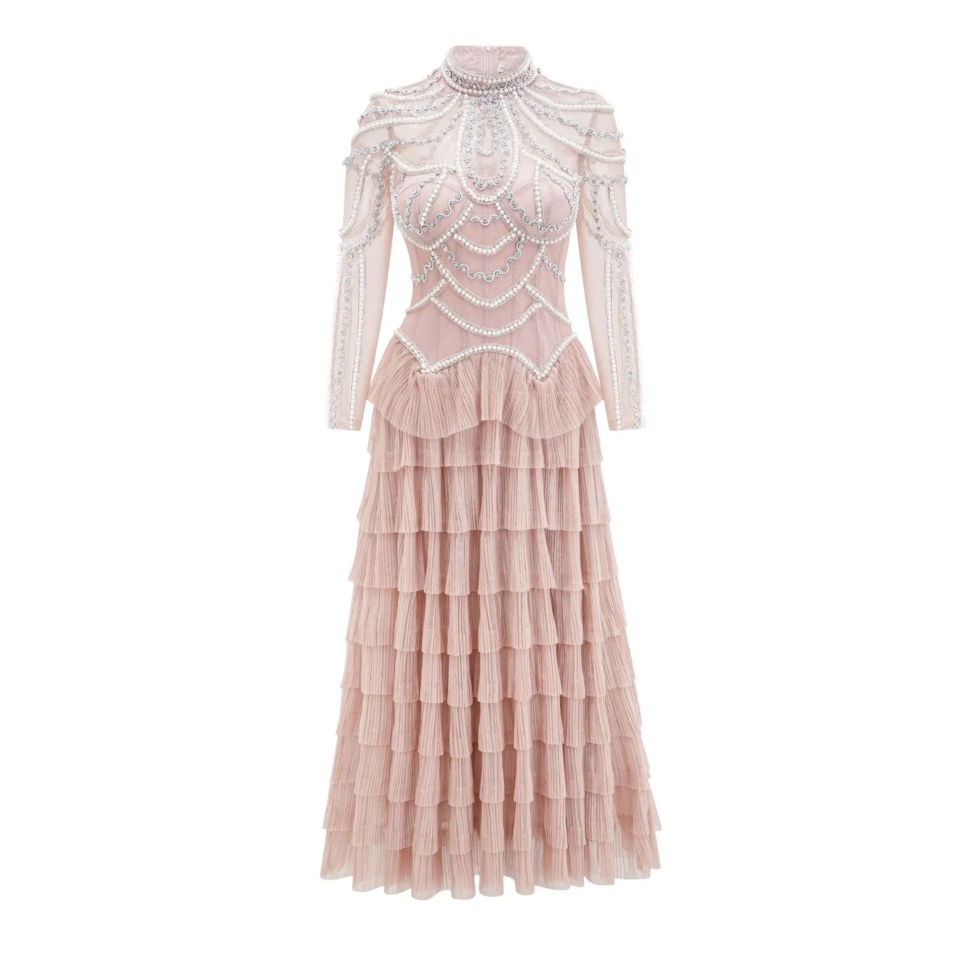 Elegant And Heavy Craft Long Sleeve Beaded Dress - Pink