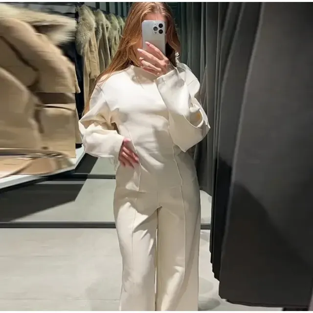 Fashion Long Sleeve O neck Pleated Top Wide Leg Pants Women's Suit Apricot Suit - Shop at LoveMi