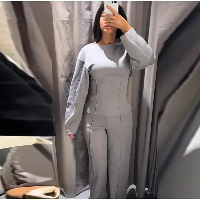 Fashion Long Sleeve O neck Pleated Top Wide Leg Pants Women's Suit Gray Suit - Shop at LoveMi