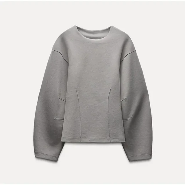 Fashion Long Sleeve O neck Pleated Top Wide Leg Pants Women's Suit Gray Top - Shop at LoveMi