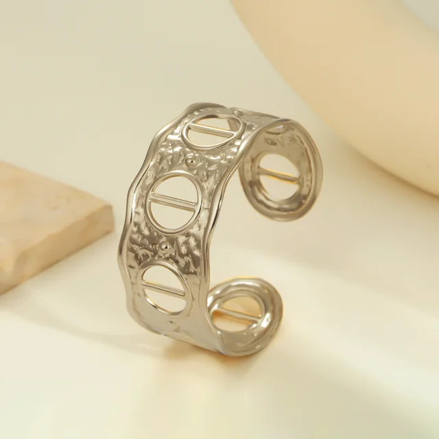Stainless Steel Wide Hollow Exaggerated Bracelet Geometric Ellipse Silver 2 - Shop at LoveMi