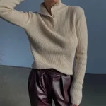 Retro Breasted Half Turtleneck Pullover Base Sweater - Rice Apricot