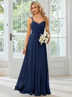 Sling Banquet Temperament Long Pleating Dress - Navy