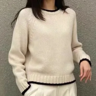Loose fitting Pullover Round neck Color Matching Inner Bottoming Sweater Beige Black - Shop at LoveMi