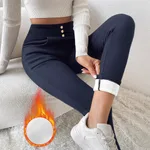Women's Casual Pure Color Tight High Waist Slim Trousers - Navy Blue
