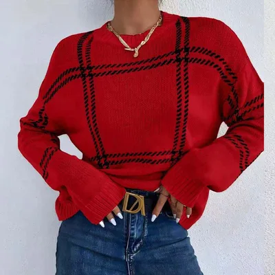 Women's Casual Plaid Color block Crew Neck Sweater Red - Shop at LoveMi