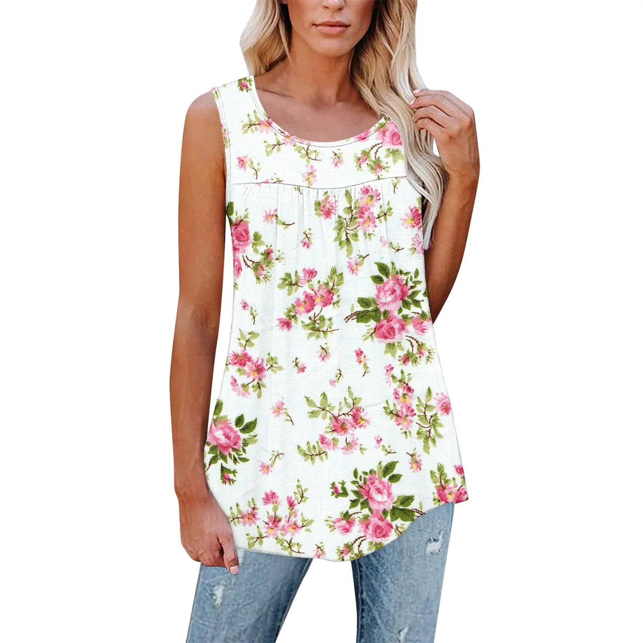 Flower Print Sleeveless Pleated Casual Loose Vest T-shirt Women's Clothing - Pattern 1