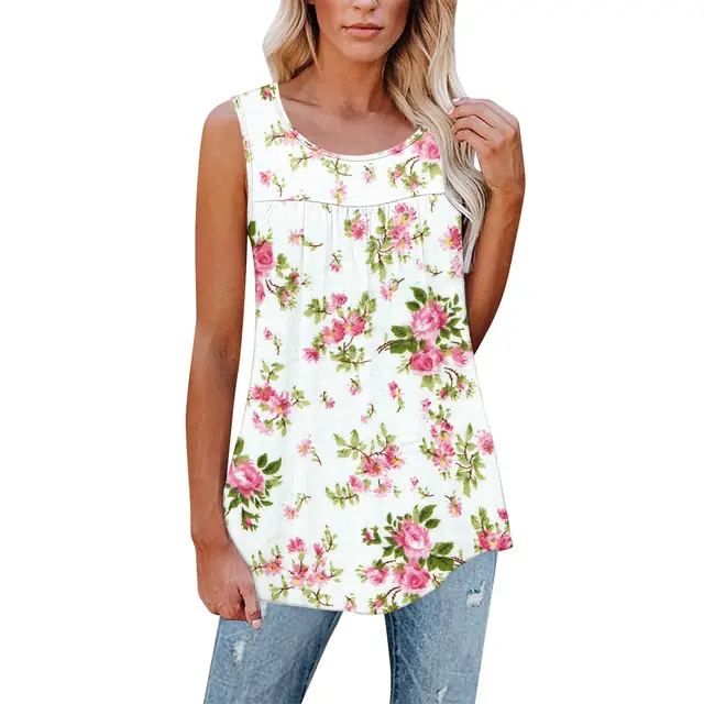 Flower Print Sleeveless Pleated Casual Loose Vest T shirt Women's Clothing Pattern 1 - Shop at LoveMi