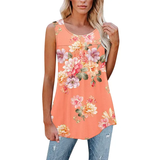 Flower Print Sleeveless Pleated Casual Loose Vest T shirt Women's Clothing Pattern 14 - Shop at LoveMi