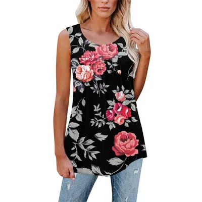 Flower Print Sleeveless Pleated Casual Loose Vest T shirt Women's Clothing Pattern 5 Xl - Shop at LoveMi
