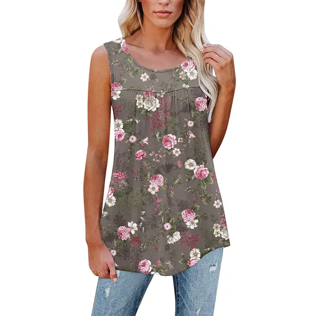 Flower Print Sleeveless Pleated Casual Loose Vest T shirt Women's Clothing Pattern 6 - Shop at LoveMi