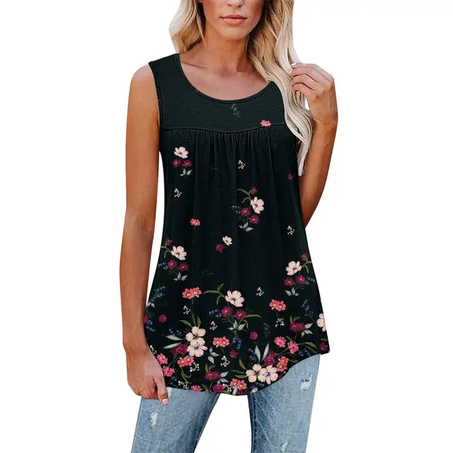 Flower Print Sleeveless Pleated Casual Loose Vest T shirt Women's Clothing Pattern 8 - Shop at LoveMi