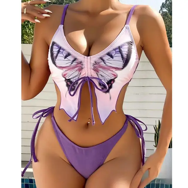 Women's Bow Ins Style Split Bikini Suit Light Purple - Shop at LoveMi