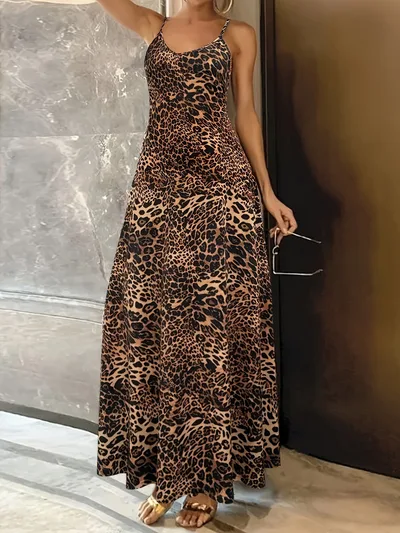 Casual Fashion Loose Sleeveless Round Neck Leopard Print Dress Dark Brown - Shop at LoveMi