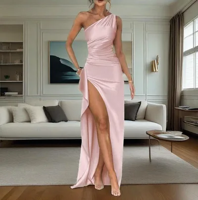 Summer New European And American Satin Slant Shoulder Will Not Be Like Slit Design Sexy Dress Pink - Shop at LoveMi
