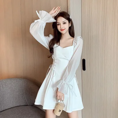 Chiffon Patchwork Waist slimming Slimming Small Size Dress Women White - Shop at LoveMi