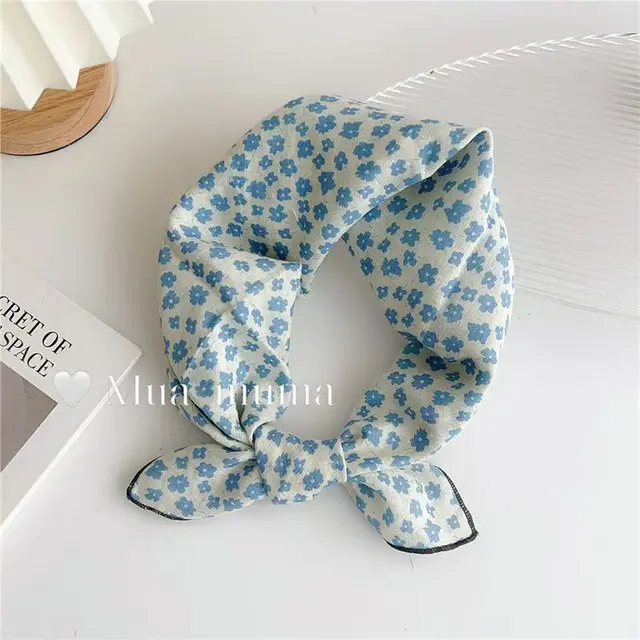 Cotton And Linen Small Square Towel Silk Scarf Female Korean Style Artistic Blue Flowers - Shop at LoveMi