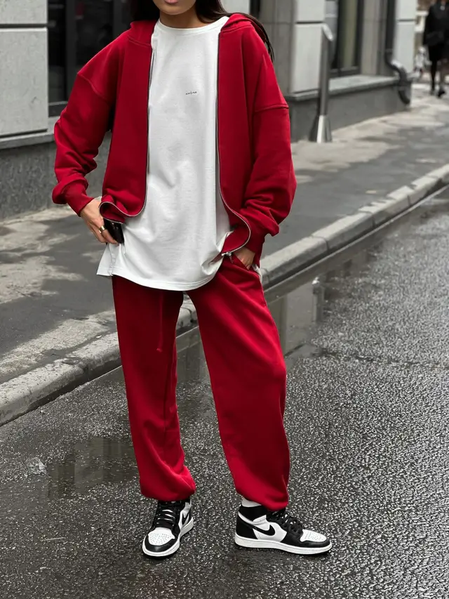 Street Style Long sleeved Coat And Trousers Two piece Set Red - Shop at LoveMi
