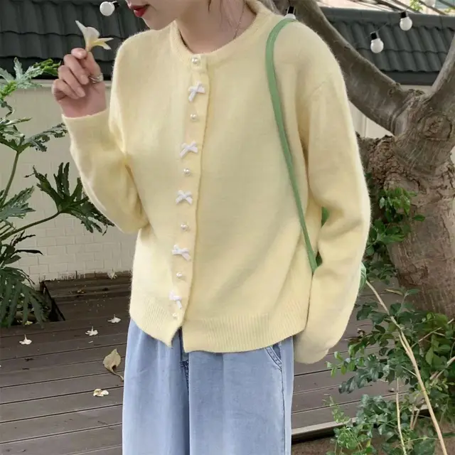 Women's Solid Color Spring And Autumn Bow Pearl Button Sweater Light Yellow - Shop at LoveMi