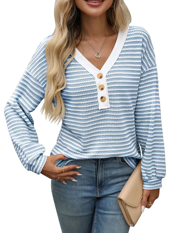 Women's V neck Buttons Pullover Patchwork Casual Long sleeved Top Sky Blue - Shop at LoveMi