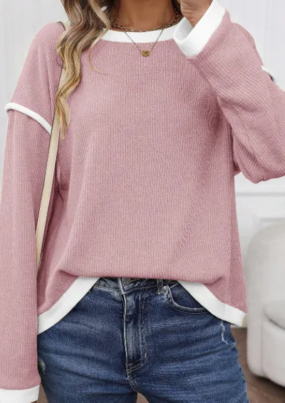 Four Leaf Clover Contrast Color Trim Knit Drop Shoulder Loose Top Light Pink - Shop at LoveMi