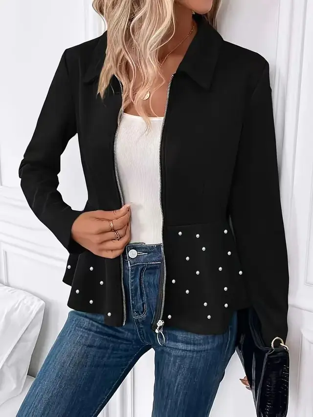 Women's Beaded Heavy duty Zipper Ruffled Hem Coat Black - Shop at LoveMi