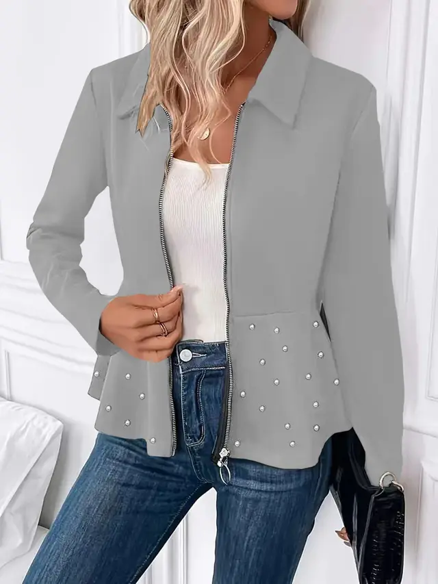 Women's Beaded Heavy duty Zipper Ruffled Hem Coat Gray - Shop at LoveMi