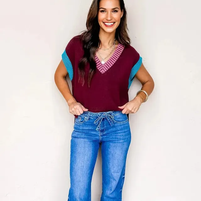 Burgundy Contrast Trim V Neck Cuffed Short Sleeve Loose Sweater Burgundy - Shop at LoveMi