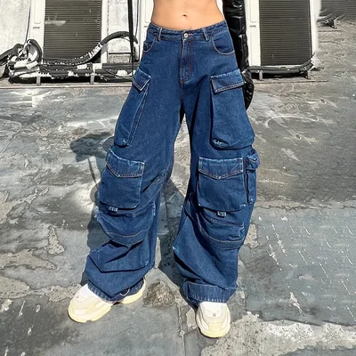 Distressed Wide leg Workwear High Waist Multi pocket Jeans Dark Blue - Shop at LoveMi