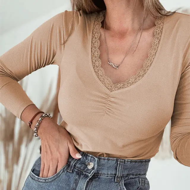 Female Solid Color Lace Trim Long Sleeve Casual Top Skin Color - Shop at LoveMi
