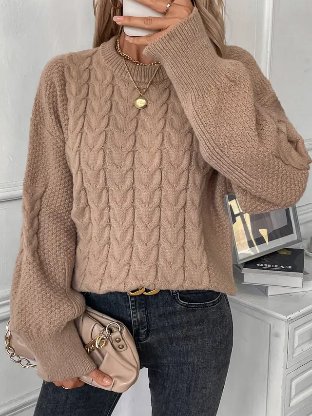 Women's Round Neck Solid Color Twist Casual Loose Sweater Khaki - Shop at LoveMi
