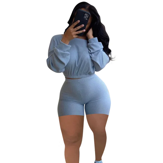 Sunken Stripe Solid Color Off the shoulder Two piece Set Blue Gray - Shop at LoveMi