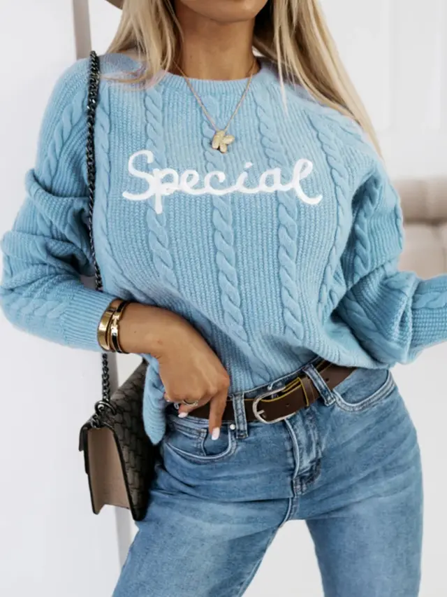Leisure Pullover Letters Embroidered Crew Neck Knitwear Blue - Shop at LoveMi