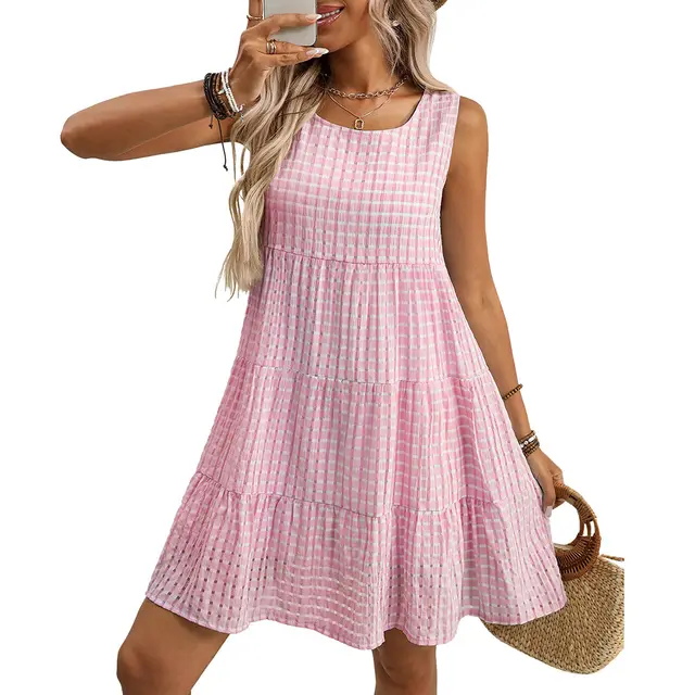 Women's Loose Casual Elegant Sleeveless Plaid Dress Light Pink - Shop at LoveMi