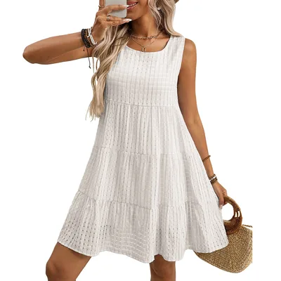 Women's Loose Casual Elegant Sleeveless Plaid Dress White - Shop at LoveMi