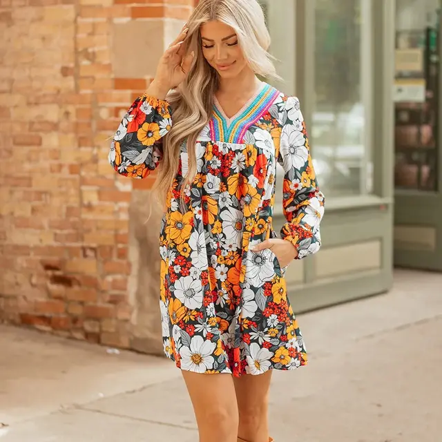 Orange Floral Print Striped Lace V Neck Long Sleeve Mini Dress Orange - Shop at LoveMi