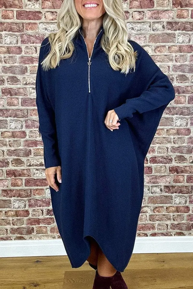Women's Solid Color Knitted Loose Dress Navy Blue - Shop at LoveMi