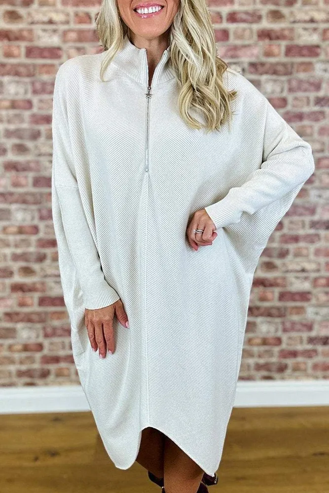 Women's Solid Colour Knitted Loose Dress - White - View 1