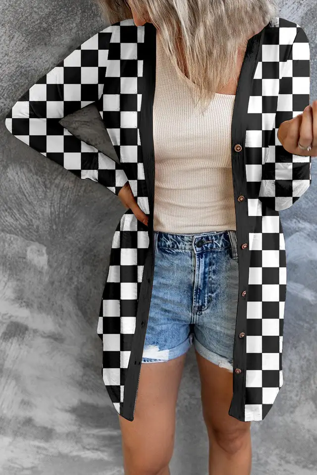 Women's Long Plaid Coat Loose Knitted Cardigan Black - Shop at LoveMi