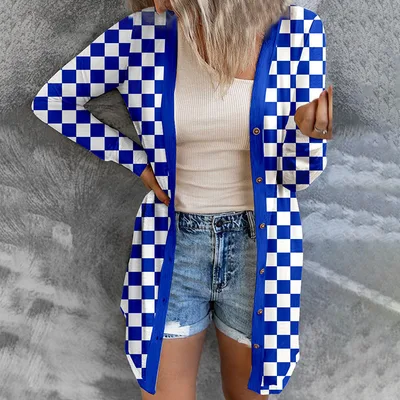 Women's Long Plaid Coat Loose Knitted Cardigan Blue - Shop at LoveMi