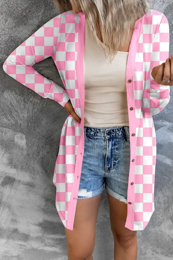 Women's Long Plaid Coat Loose Knitted Cardigan - Pink - View 1