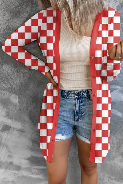 Women's Long Plaid Coat Loose Knitted Cardigan Red - Shop at LoveMi