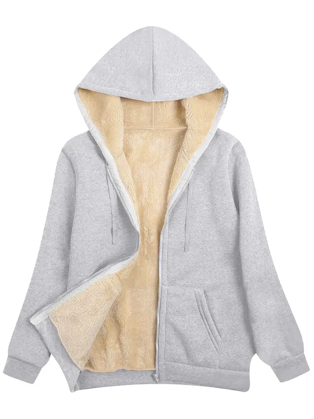 Fleece lined Thickened Hooded Plush Women's Coat Light Gray Zipper - Shop at LoveMi