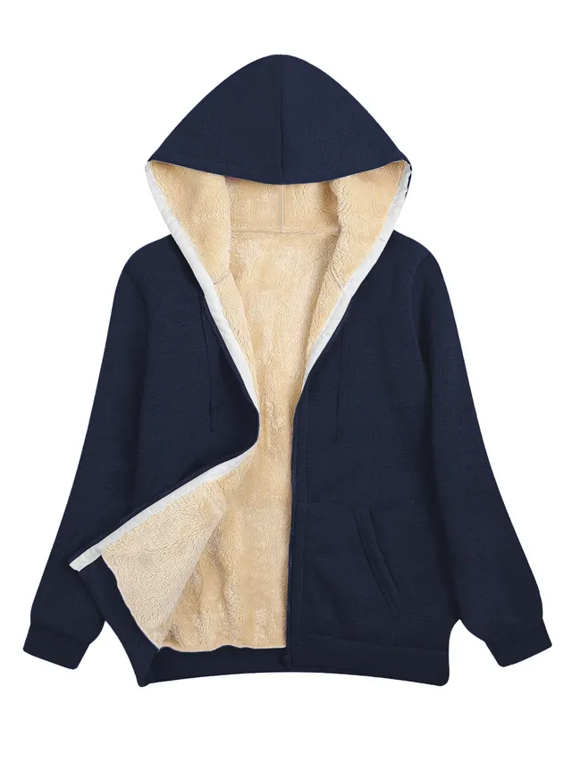 Fleece lined Thickened Hooded Plush Women's Coat Sapphire Blue Zipper - Shop at LoveMi