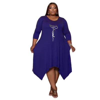 Plus Size Printed Irregular Swing Pocket Dress Blue - Shop at LoveMi