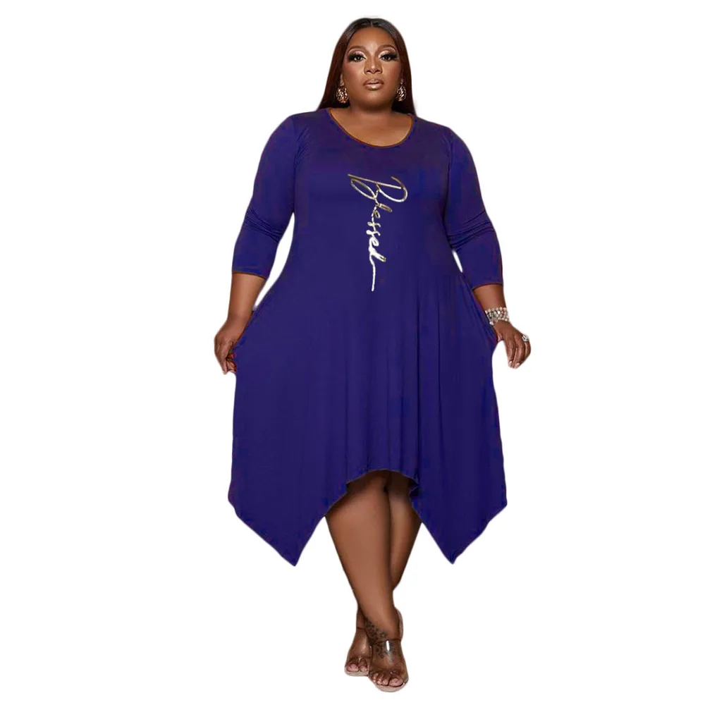 Plus Size Printed Irregular Swing Pocket Dress - Blue - View 1