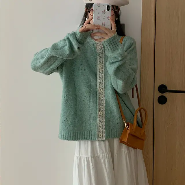 Artistic Retro Lazy Korean Knitwear Sweater Coat Green - Shop at LoveMi