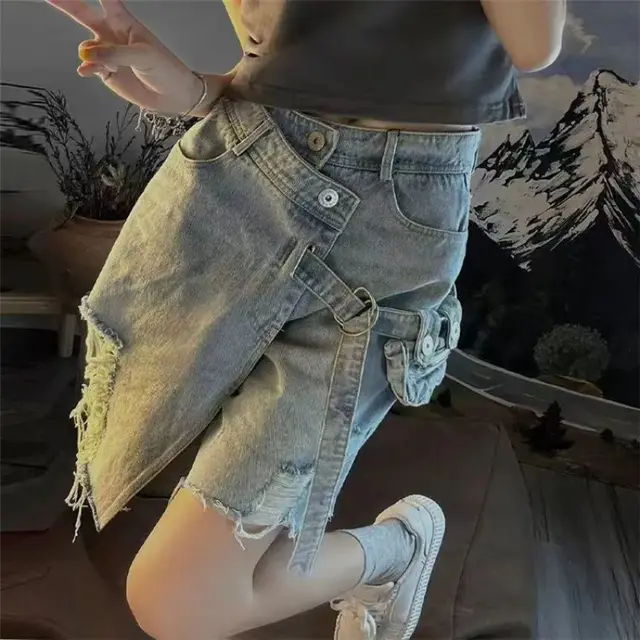 Irregular Ripped Denim American High Street Shorts Blue - Shop at LoveMi