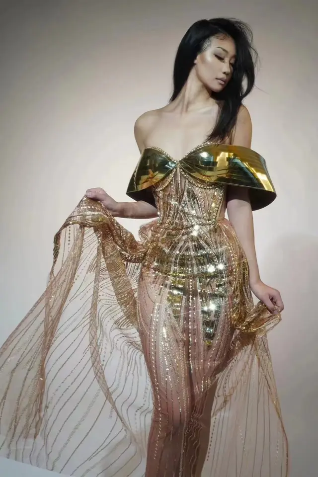 Gold Strapless Sequined Split Dress Women Tube Top Tulle Gold - Shop at LoveMi